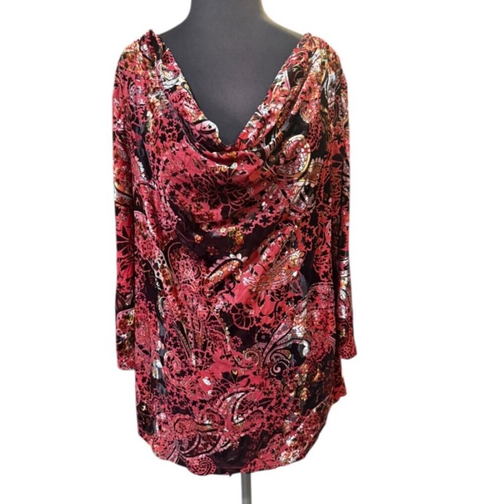 Y2K Dressbarn Red Velvet Burnout Cowl Neck Long Sleeve Top Womens Size 2X Glam